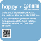 Blue square with 'happy' and NAMI logos, text about partnering with NAMI, and a QR code.