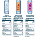 Three cans of 'happy' cold brew coffee with nutrition facts displayed below.