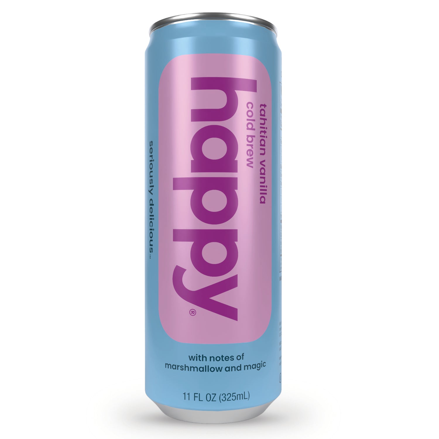 Can of 'happy' drink with purple label on a white background