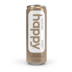 Can of 'happy' mocha latte on a white background